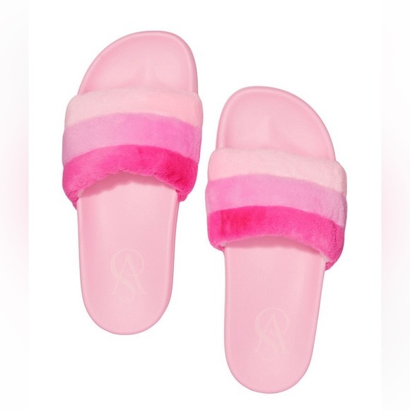 Victoria Secret Slides Sandals Pink Stripe Fur Fuzzy Slip On Open Toe New With T - Picture 2 of 10